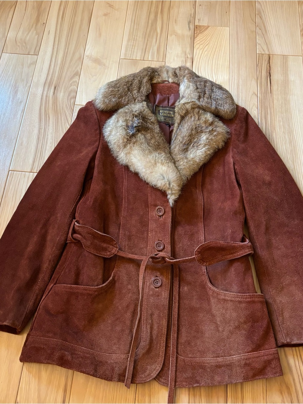 Vintage 70’s Genuine Suede Leather Rabbit Fur Collar Belted Jacket
